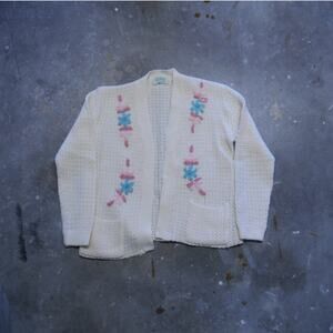 Vintage 60s White Wool Cardigan Sweater Bams San Francisco Floral Knit